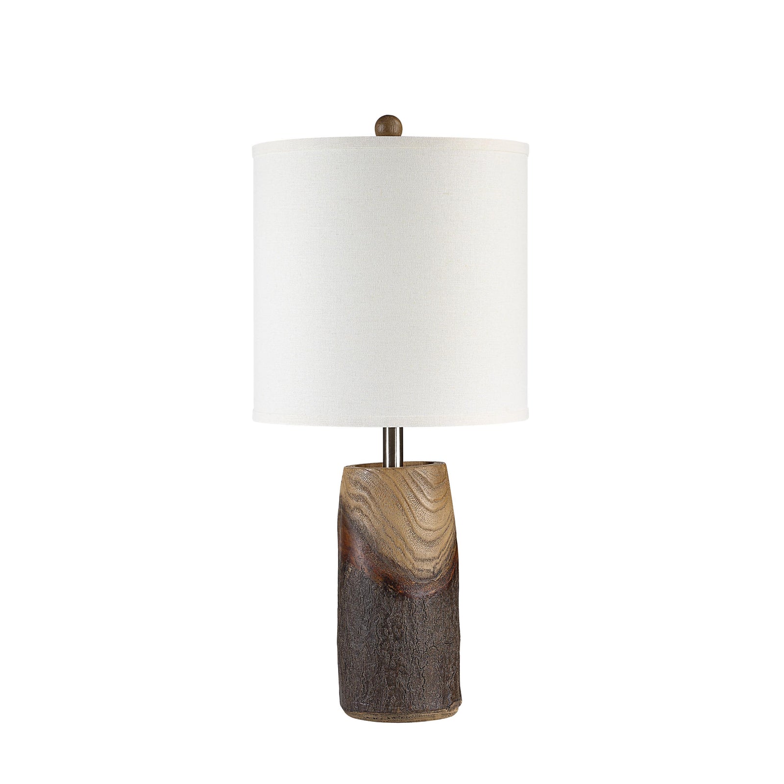 Vinca Table Lamp with a textured wooden base and a white fabric shade