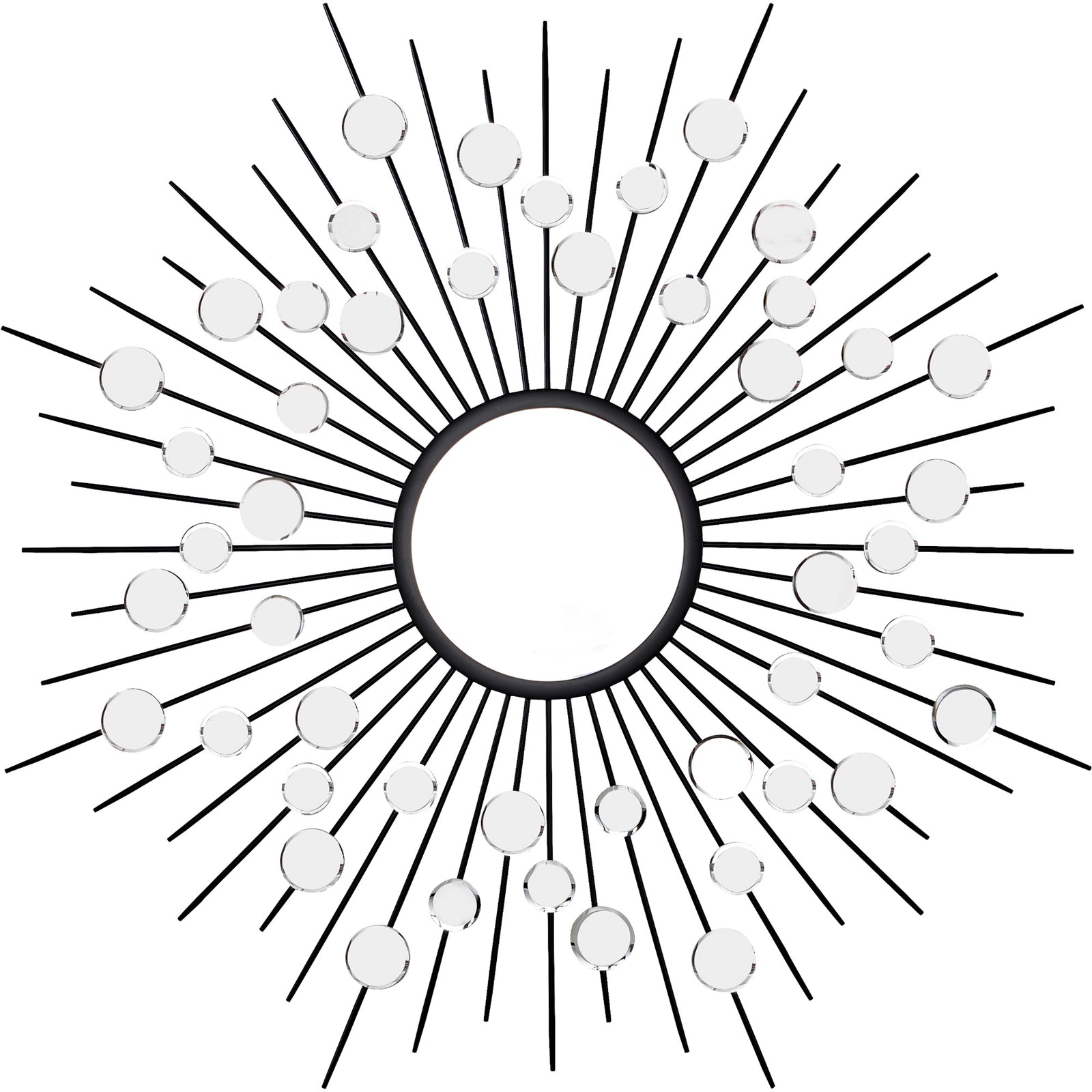 Maryam Wall Mirror with black rays and circular glass accents, sunburst design.