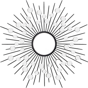 Maryam Wall Mirror with black rays and circular glass accents, sunburst design.