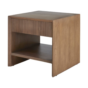 Jaime side table featuring a ribbed drawer and smooth wood finish, viewed from an angle.