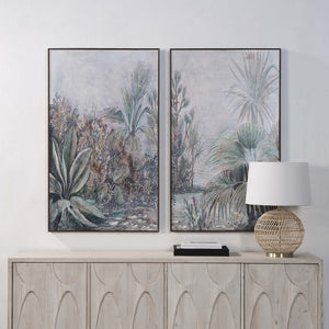 Labyrinth Canvas Art displayed above a wooden console with a lamp, featuring lush greenery.