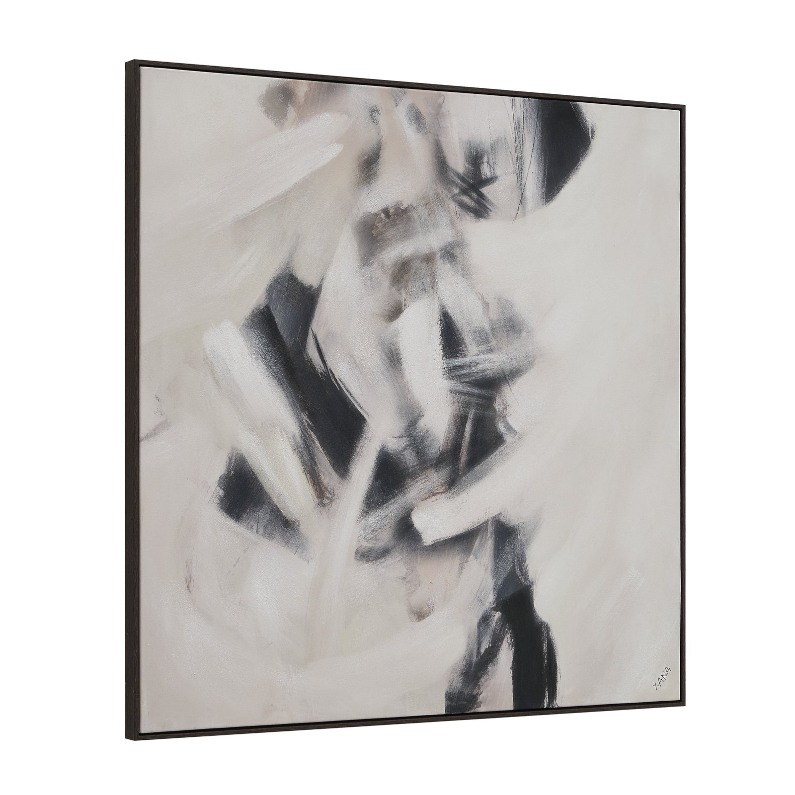 Clary canvas art featuring abstract black and white brush strokes on a light background