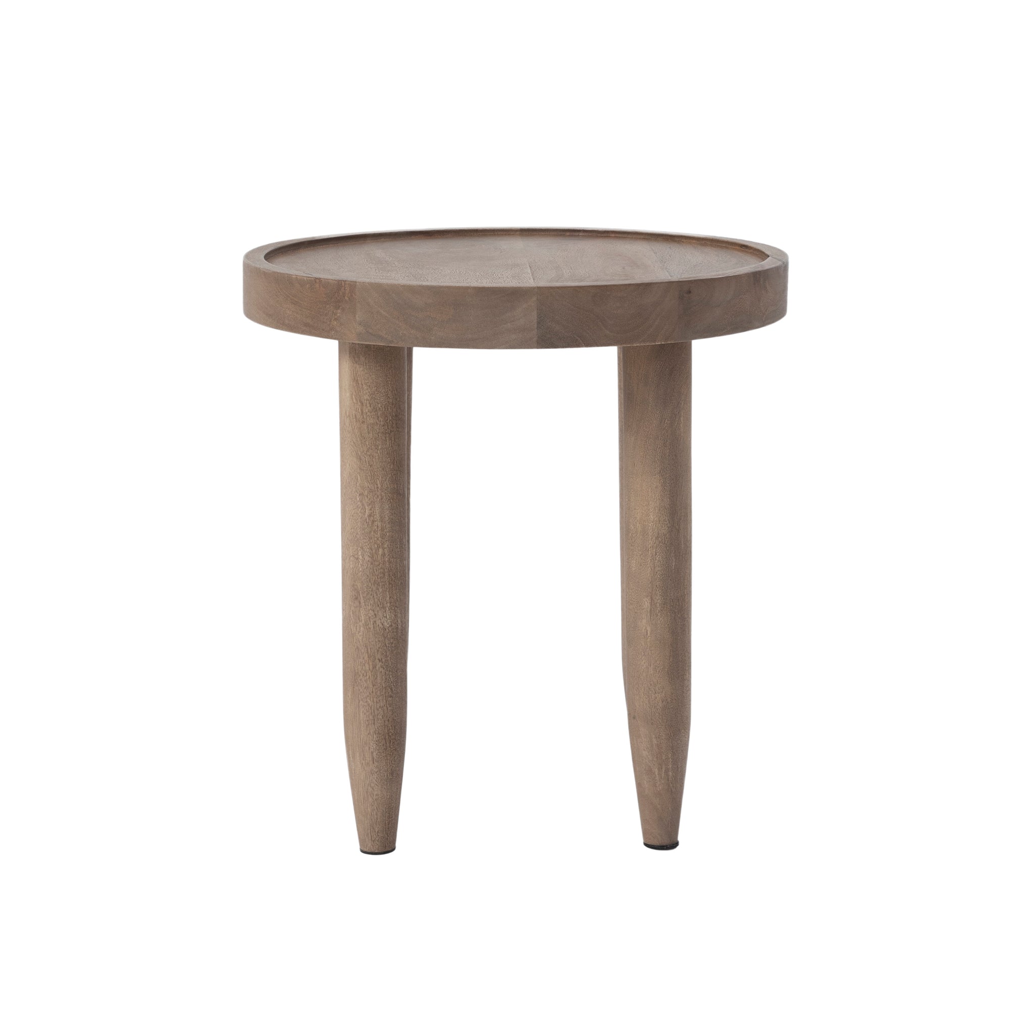 Cicoria side table featuring a round top and three tapered legs in light wood