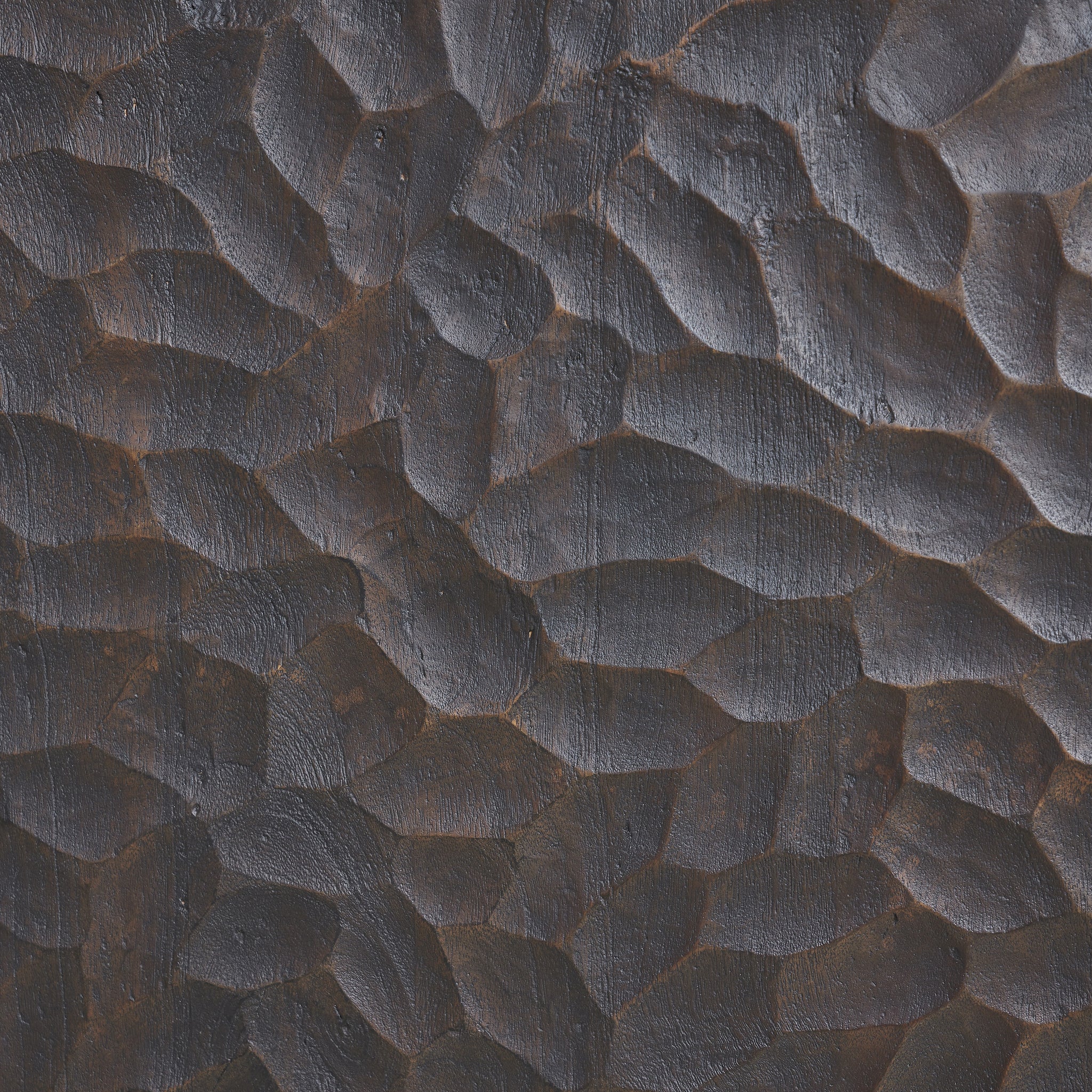 Close-up of Jean Cabinet's textured dark wood surface with intricate patterns