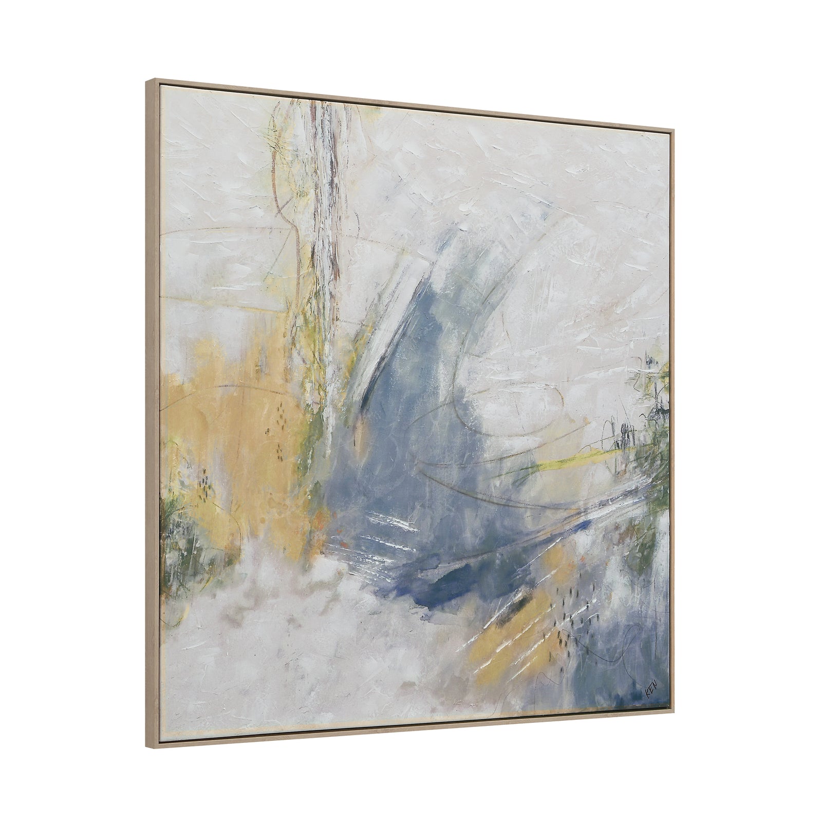 Eclat canvas art featuring abstract design in soft blues and yellows with textured brush strokes.