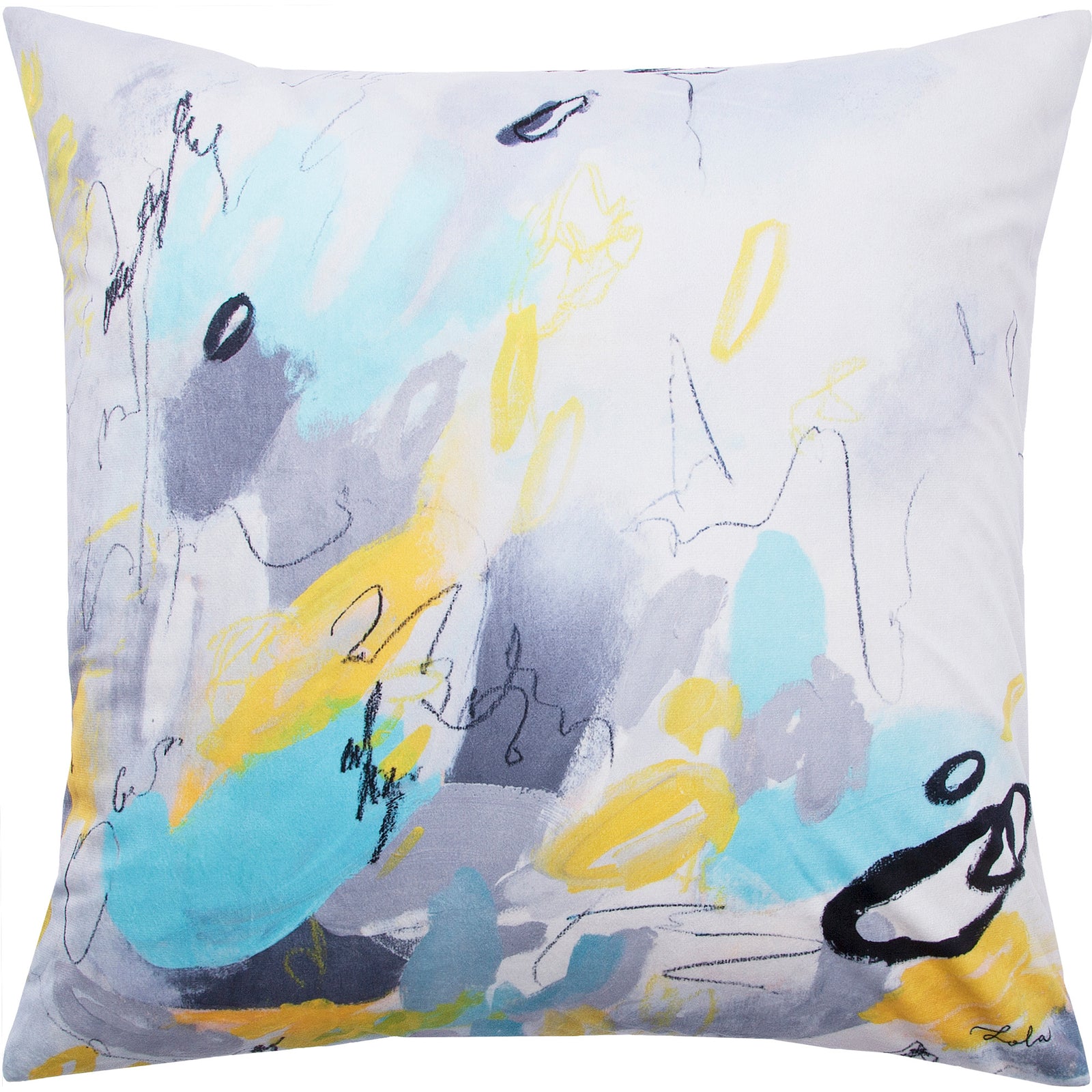 Faro indoor pillow with abstract design in blue, gray, and yellow tones on a white background.