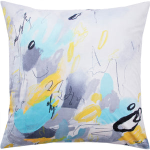 Faro indoor pillow with abstract design in blue, gray, and yellow tones on a white background.