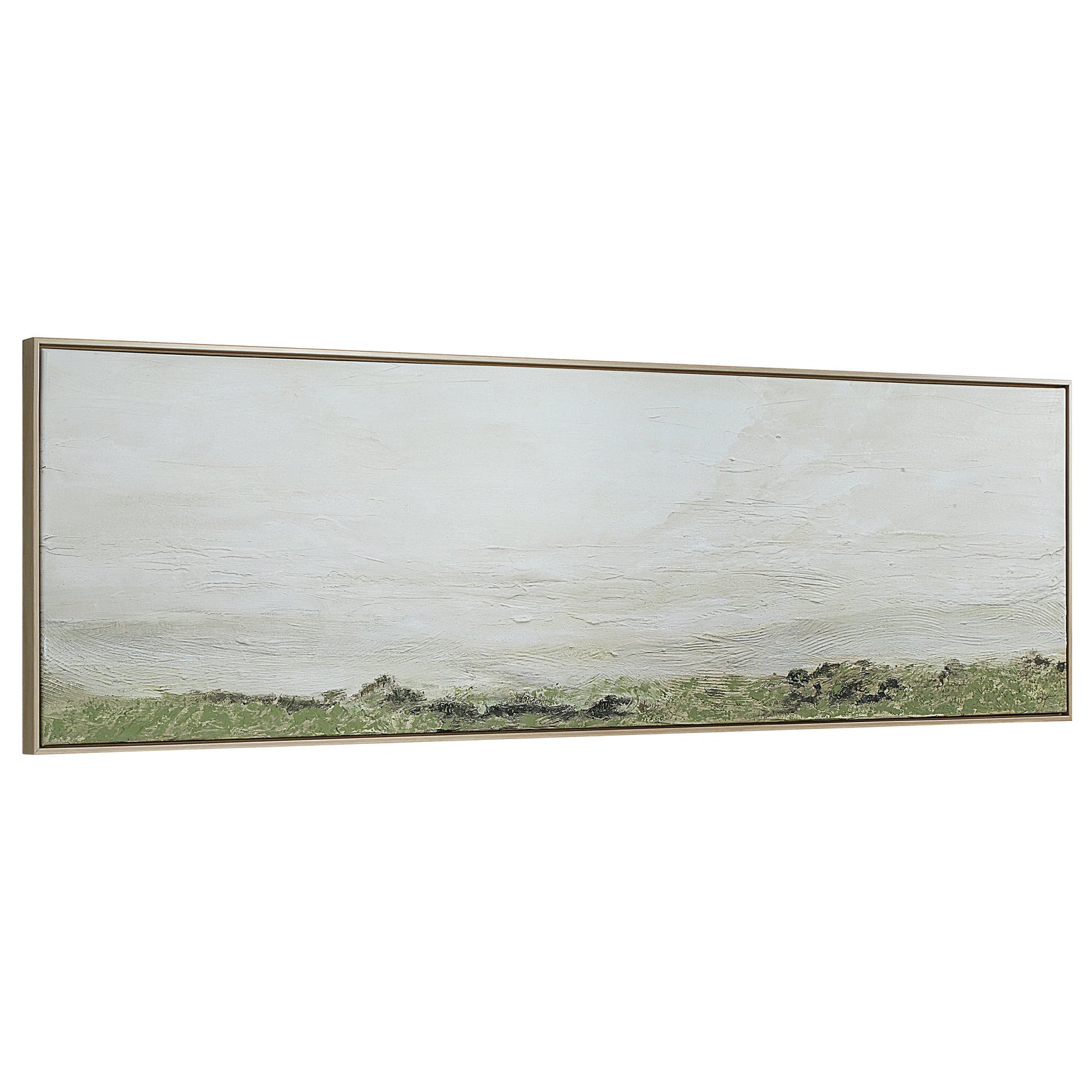 Valle canvas art featuring a serene landscape with soft green hues and textured white background