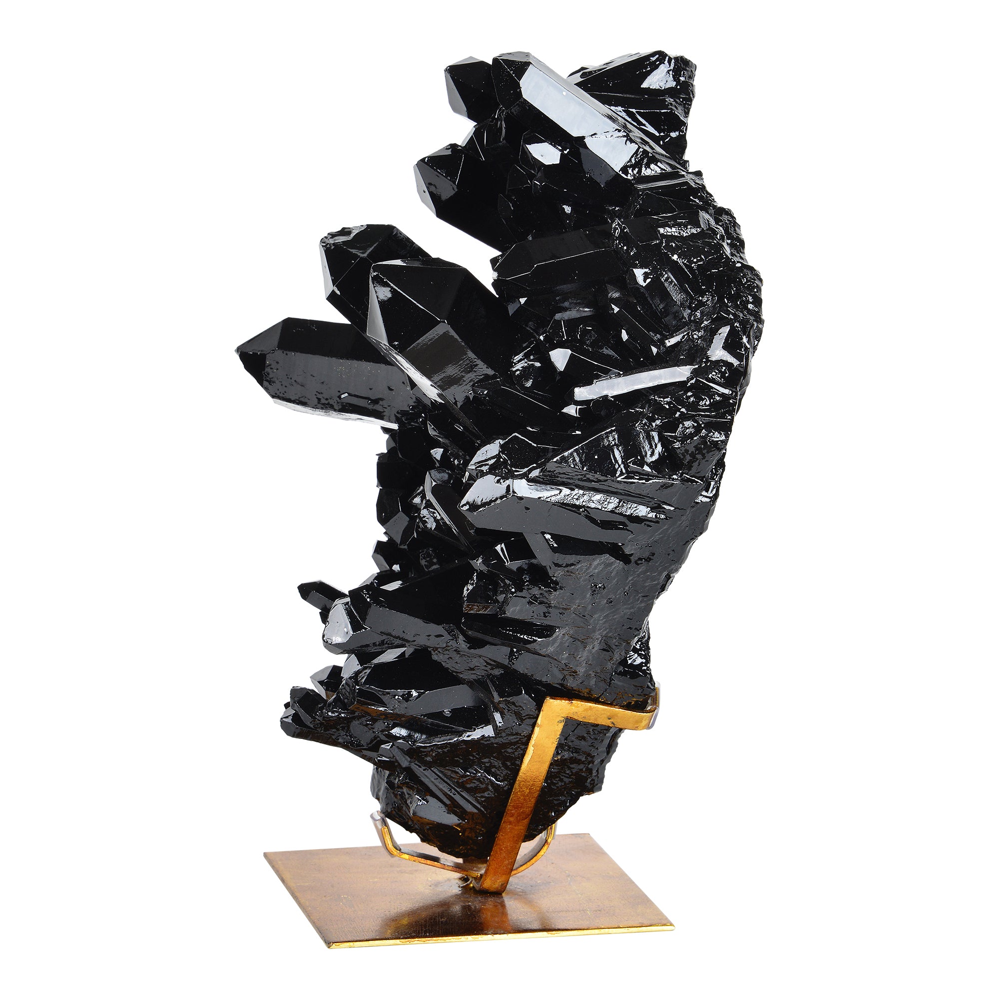 Burnett Statue by Renwil, black crystal vase on gold base, showcasing sharp crystal formations.