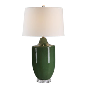Pesca Table Lamp featuring a glossy green ceramic body and white shade