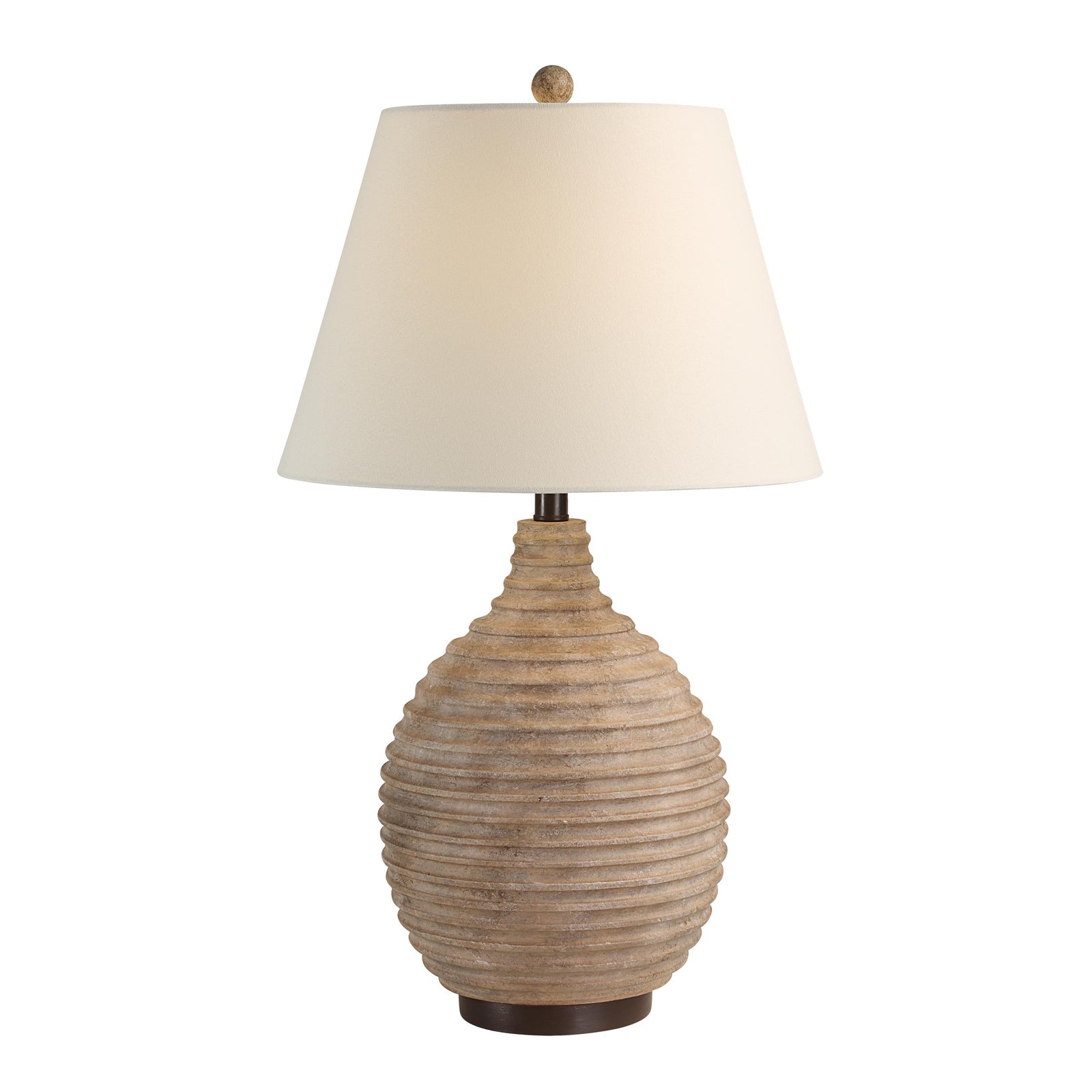Cebada table lamp by Renwil with a textured beige ceramic base and white fabric shade.