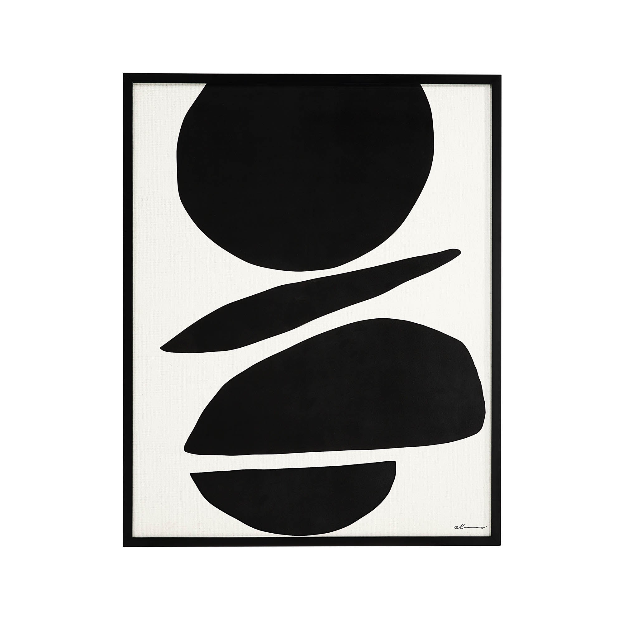 Cercola wall art featuring black abstract shapes on a white background, framed in black.