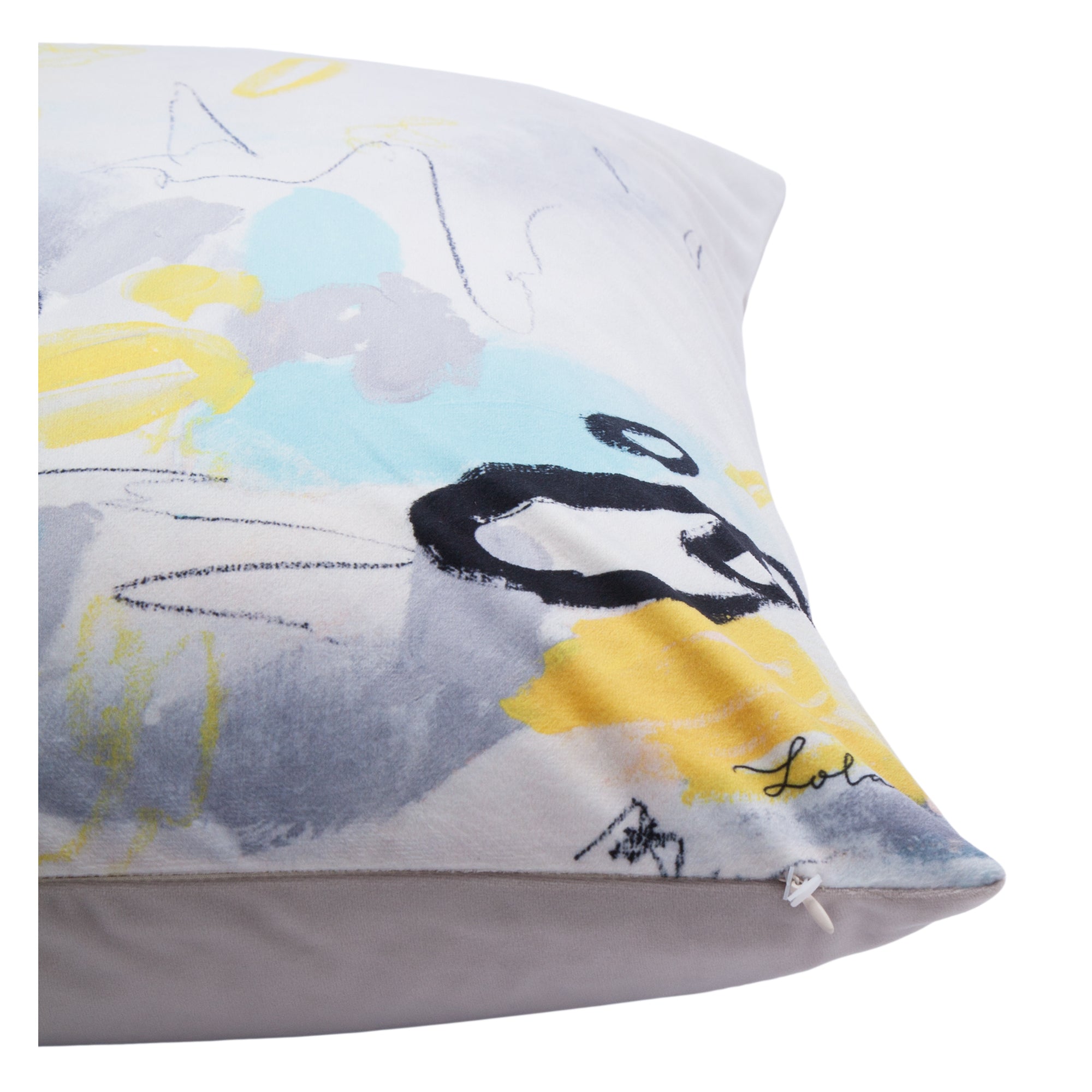 Faro indoor pillow showing a close-up of the abstract design with blue, gray, and yellow colors on a soft fabric.