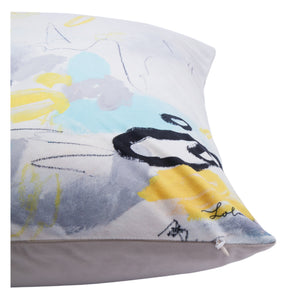Faro indoor pillow showing a close-up of the abstract design with blue, gray, and yellow colors on a soft fabric.
