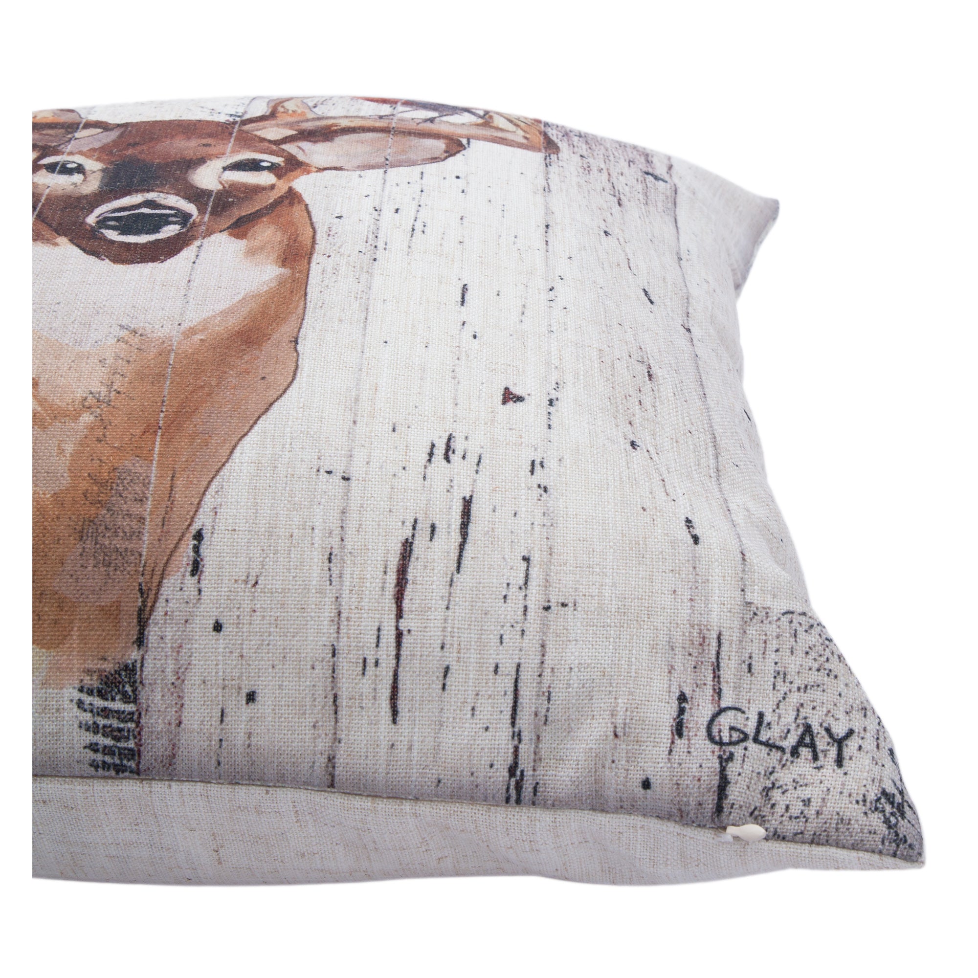Montana indoor pillow showing a close-up of the deer design, highlighting the rustic fabric texture.