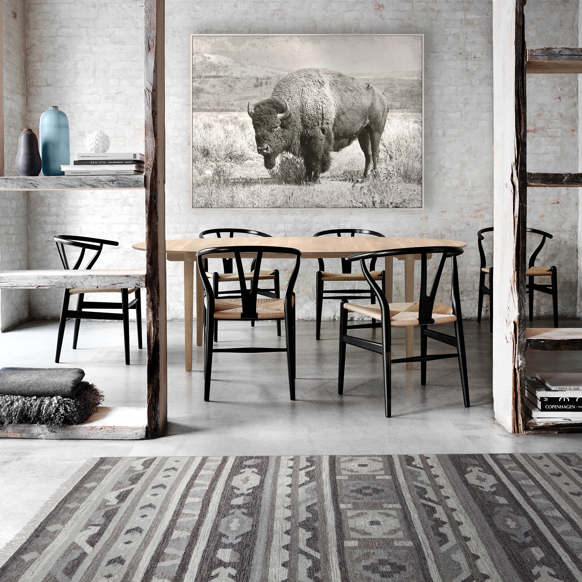 North Range Canvas Art displayed in a modern dining room with a bison image on the wall.