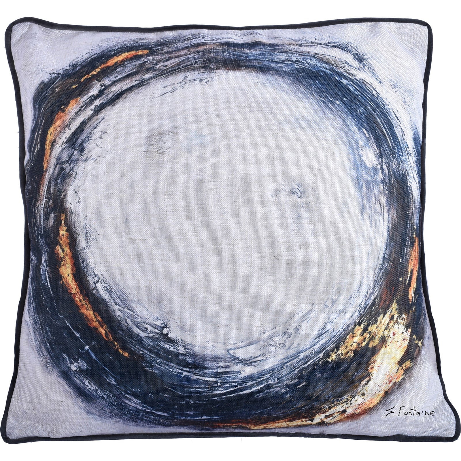 Dottie Indoor Pillow featuring an abstract circular design in blue, black, and gold on a light background, with a black border.