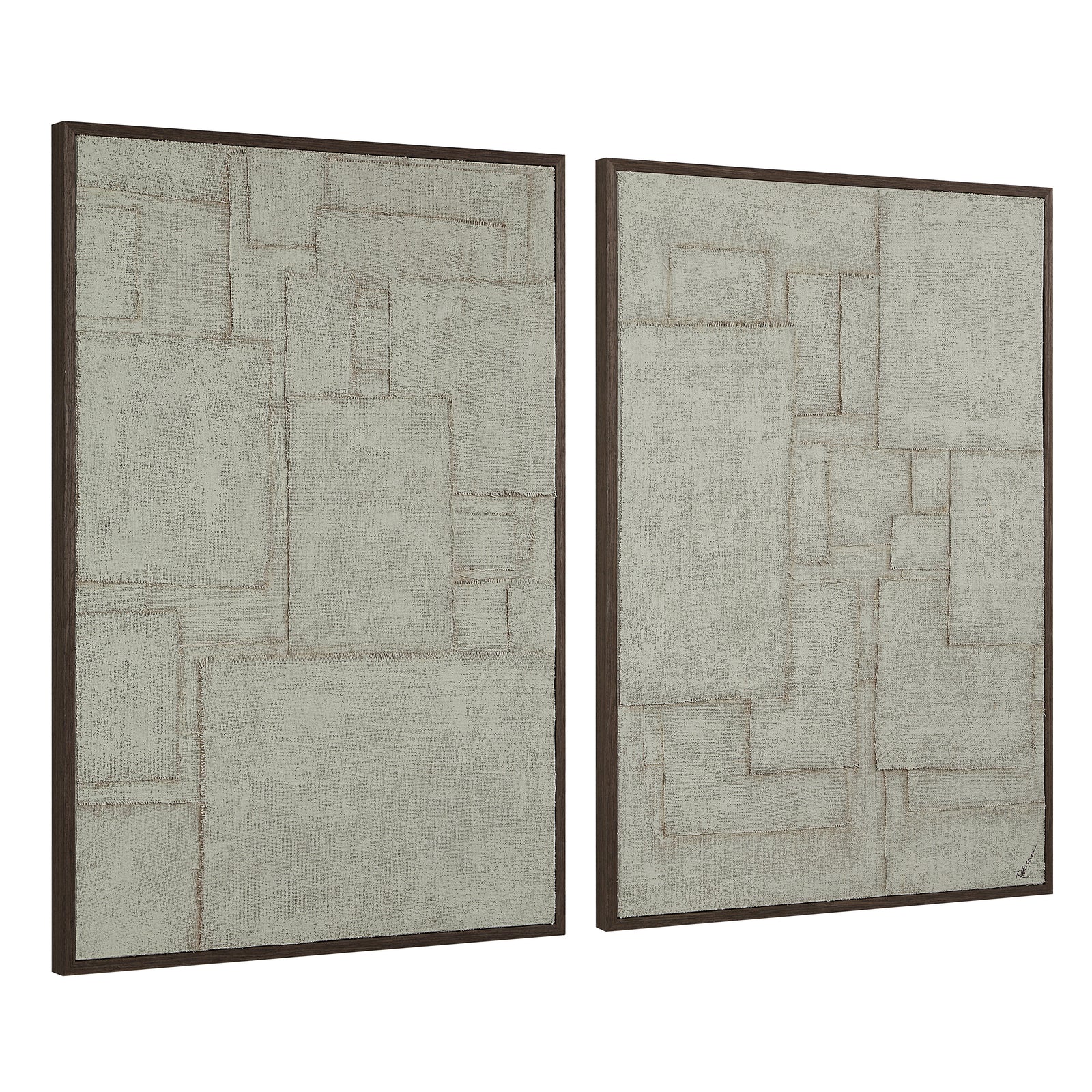 Caramelo wall art featuring two abstract panels in light gray with brown framing.