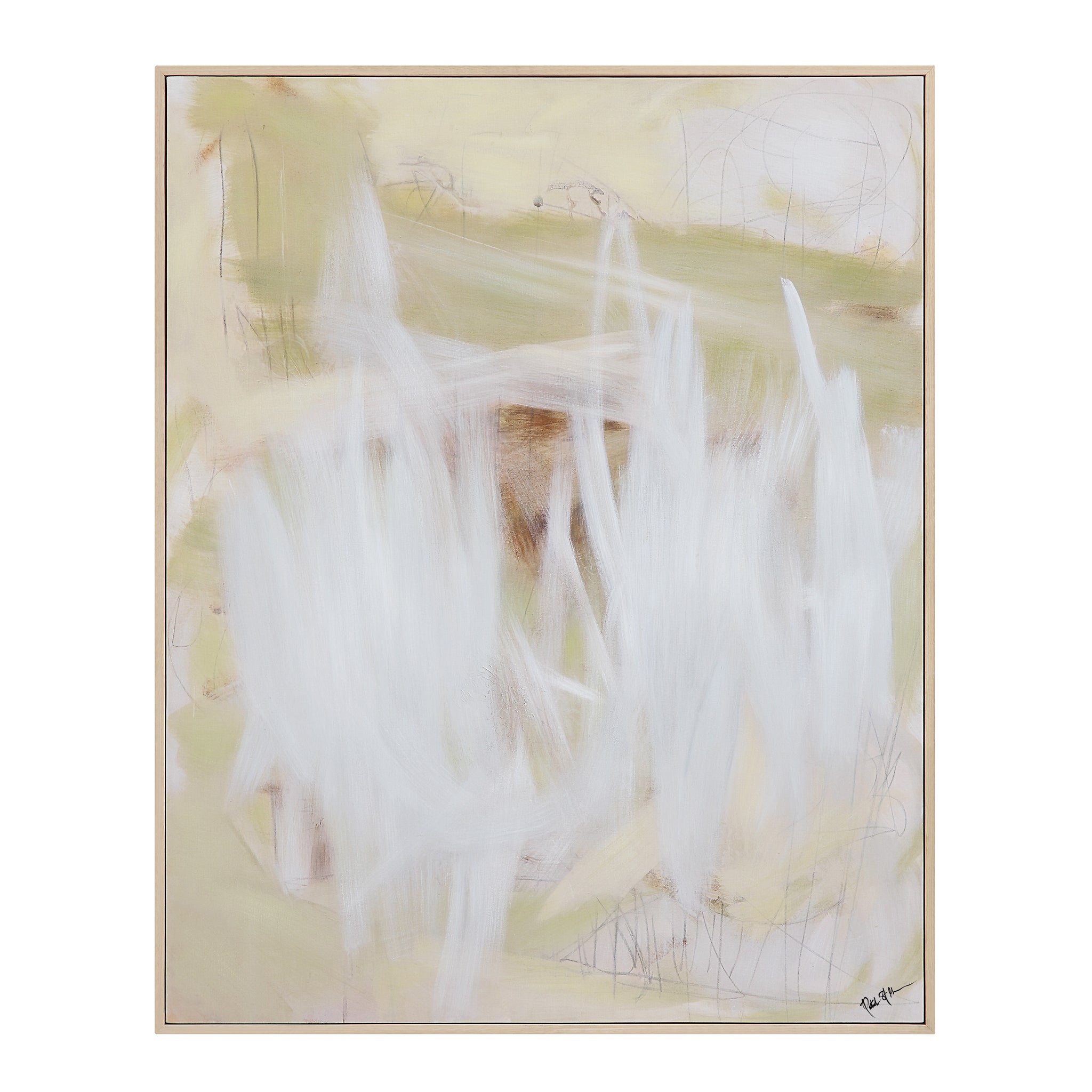 Bonnet canvas art featuring abstract white and light green brushstrokes on a beige background.