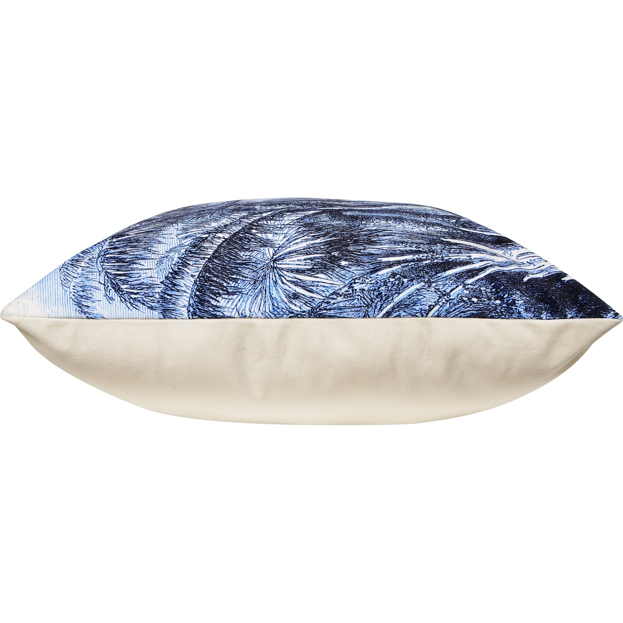 Side view of Jona Indoor Pillow displaying blue palm tree design and cream-colored bottom.