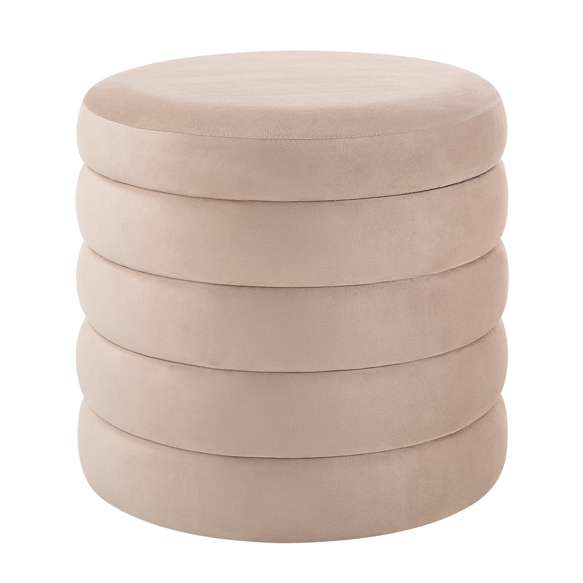 Lloyd Storage Ottoman in soft beige, featuring stacked circular cushions.