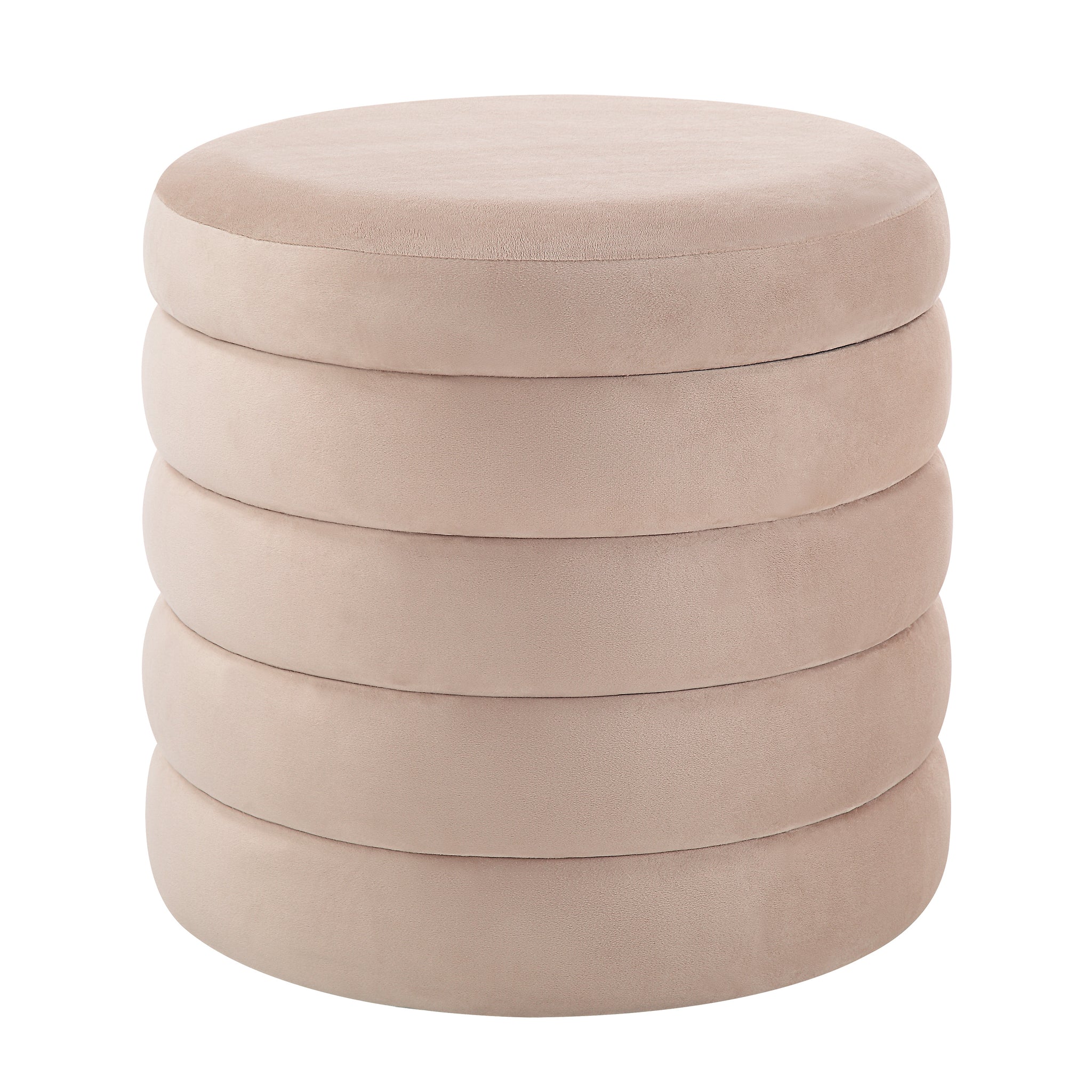 Lloyd Storage Ottoman in soft beige, featuring stacked circular cushions.