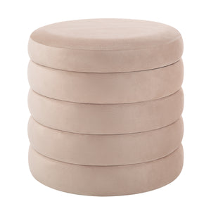 Lloyd Storage Ottoman in soft beige, featuring stacked circular cushions.