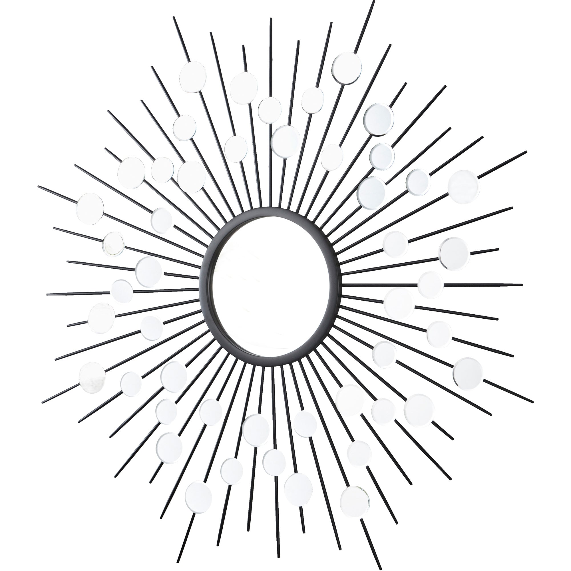 Maryam Wall Mirror in sunburst style with black rays and multiple glass circles.