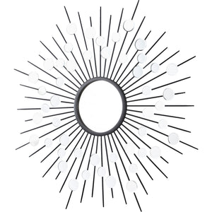Maryam Wall Mirror in sunburst style with black rays and multiple glass circles.