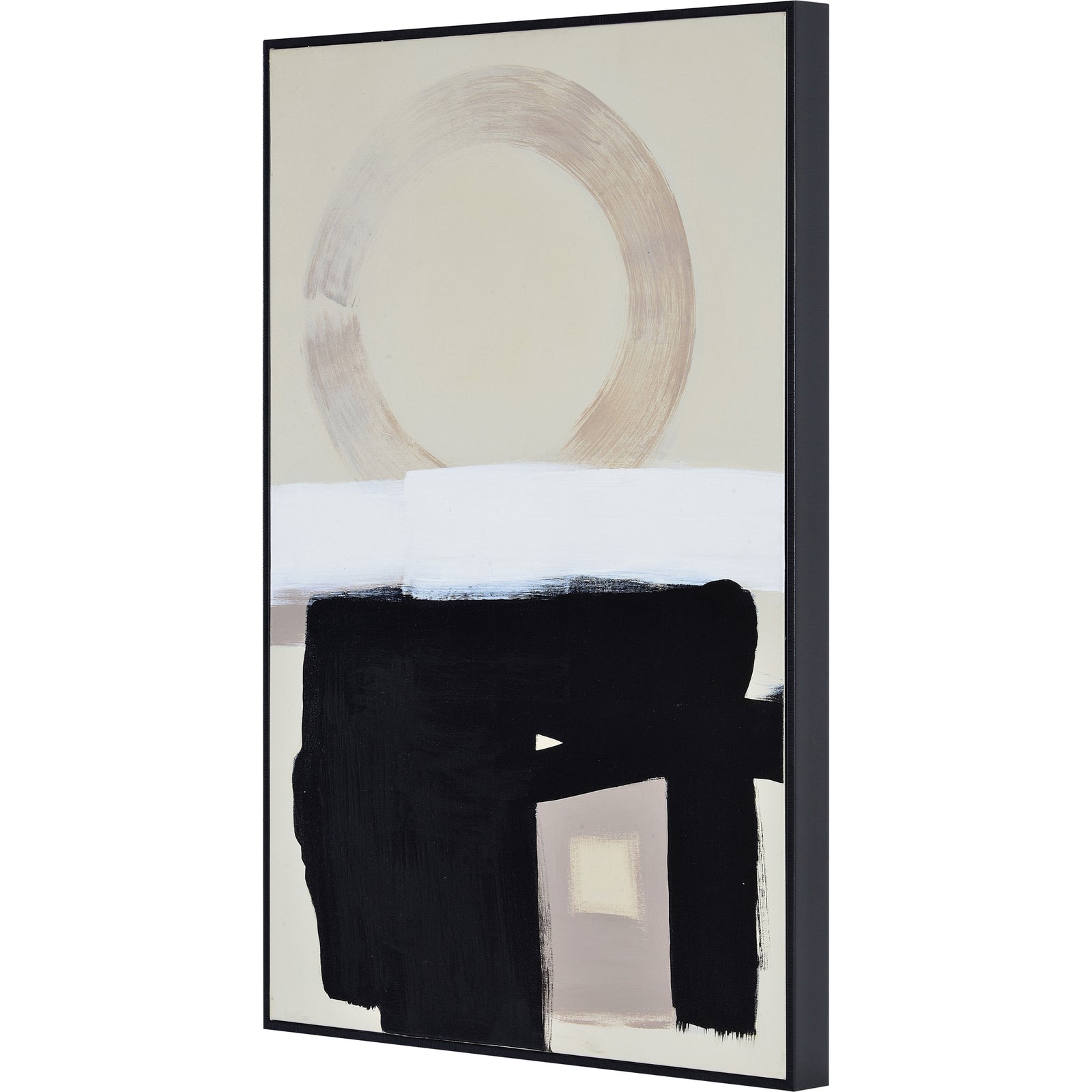 Telesto Canvas Art featuring abstract black and beige designs with circular and rectangular shapes.