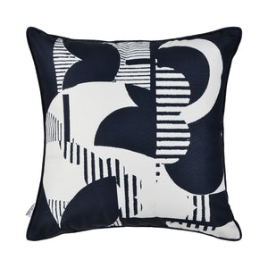Tropo Indoor Pillow featuring a navy and white abstract pattern with stripes and curves.
