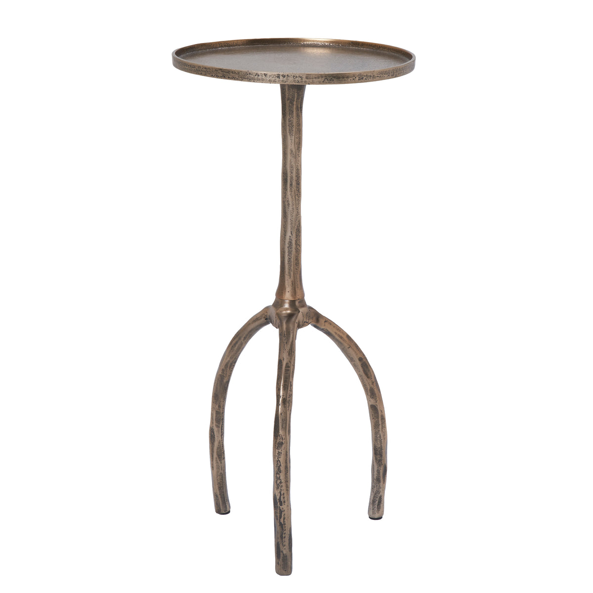 Dunn Side Table with a round metallic top and textured bronze legs, showcasing a modern design.