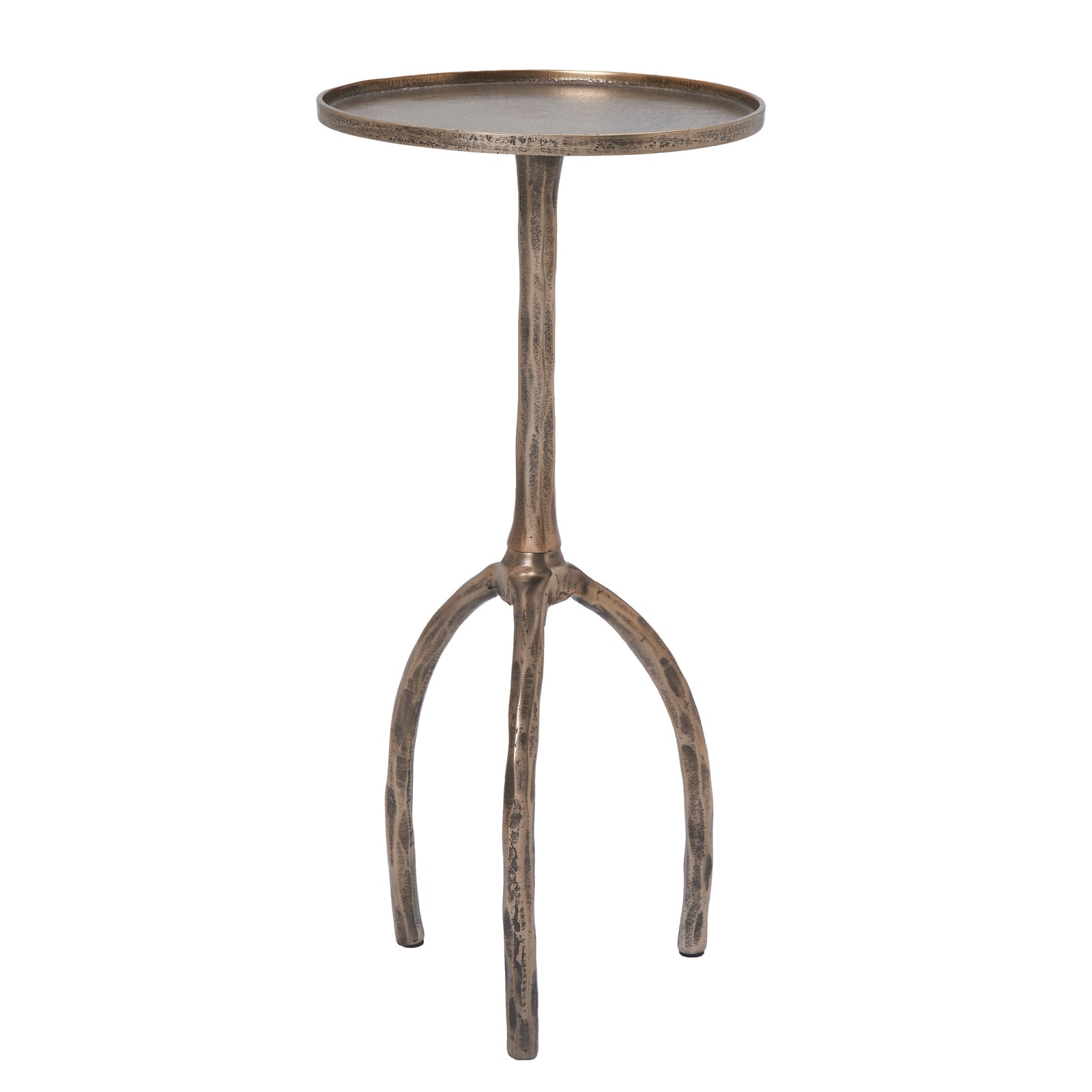 Dunn Side Table with a round metallic top and textured bronze legs, showcasing a modern design.