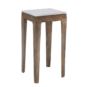Abby Side Table featuring a white marble top and bronze legs, angled view