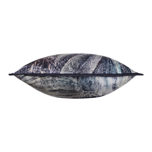 Side view of the Mangrove Indoor Pillow, displaying its palm leaf pattern and dark trim.