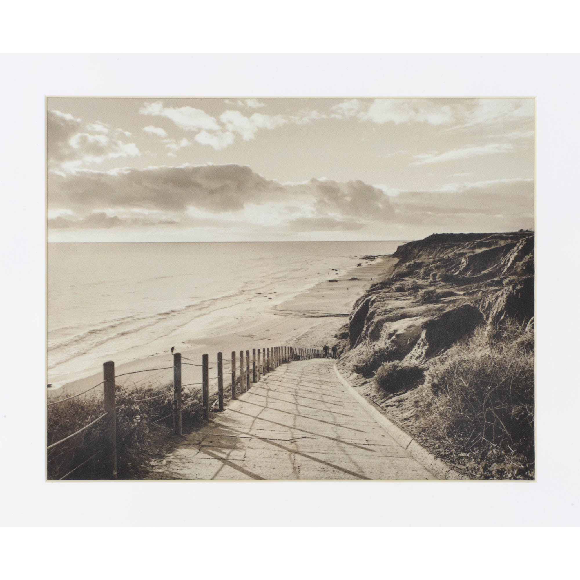 Torreys Wall Art featuring a sepia-toned beach path leading to the ocean in a white frame