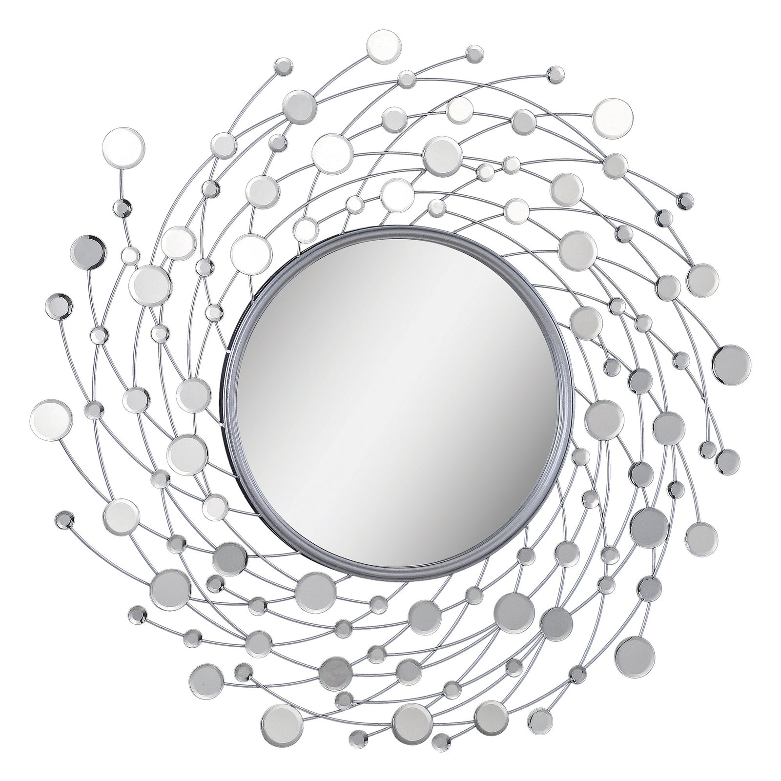 Como Wall Mirror with a circular center surrounded by a swirling silver wire design and reflective circles.