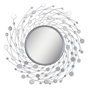 Como Wall Mirror with a circular center surrounded by a swirling silver wire design and reflective circles.