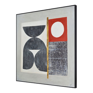 Marron canvas art viewed from an angle, showcasing geometric designs in gray and red.