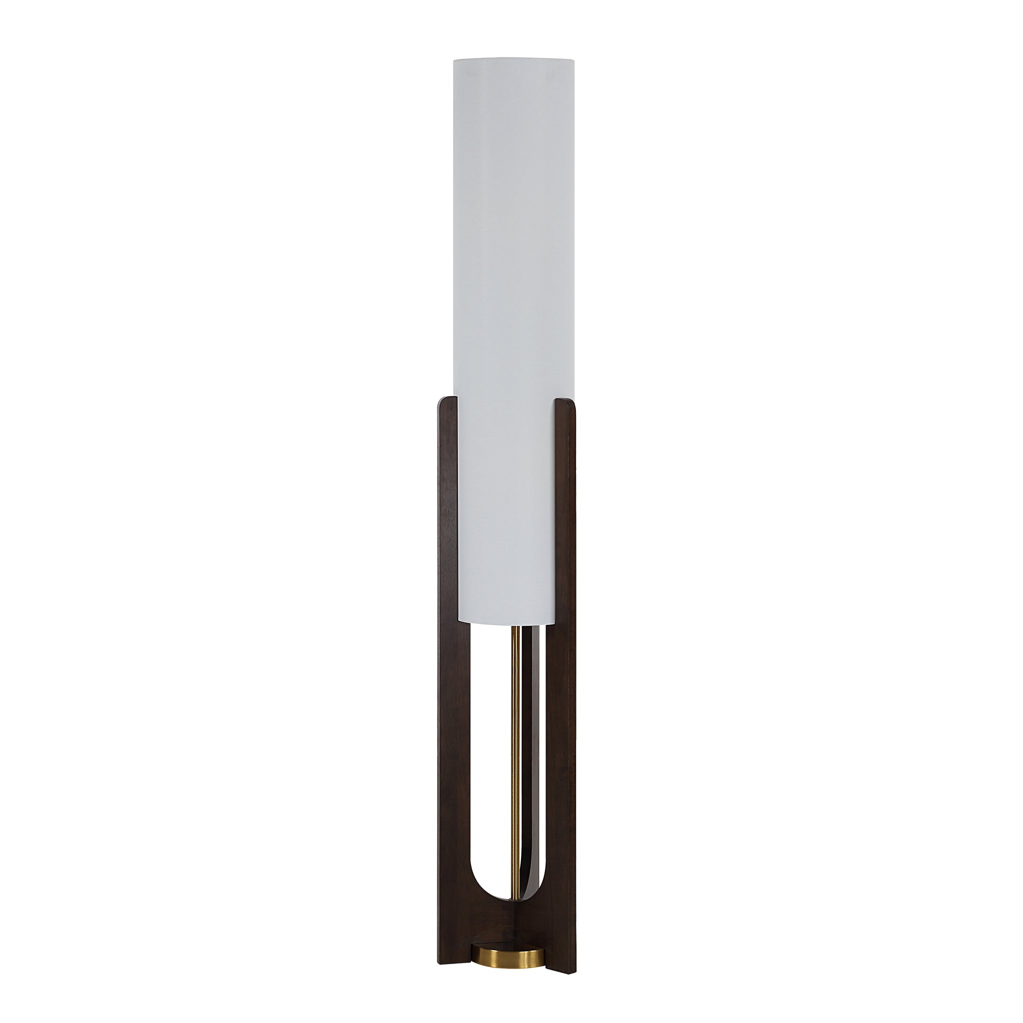 Mael floor lamp showcasing a white shade and dark wood frame, highlighted by a gold base.