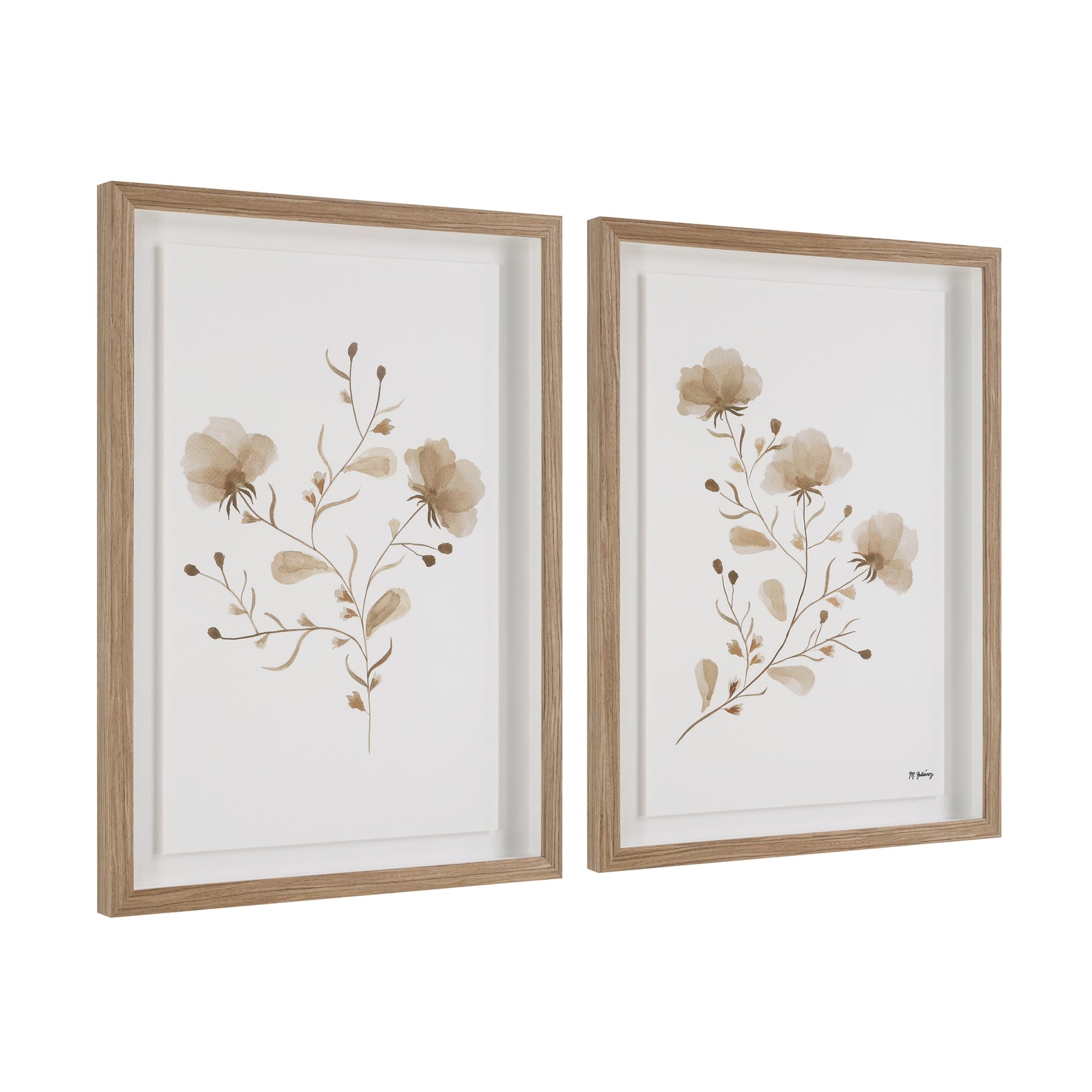 Madalena wall art featuring two floral prints in beige tones with light wood frames.