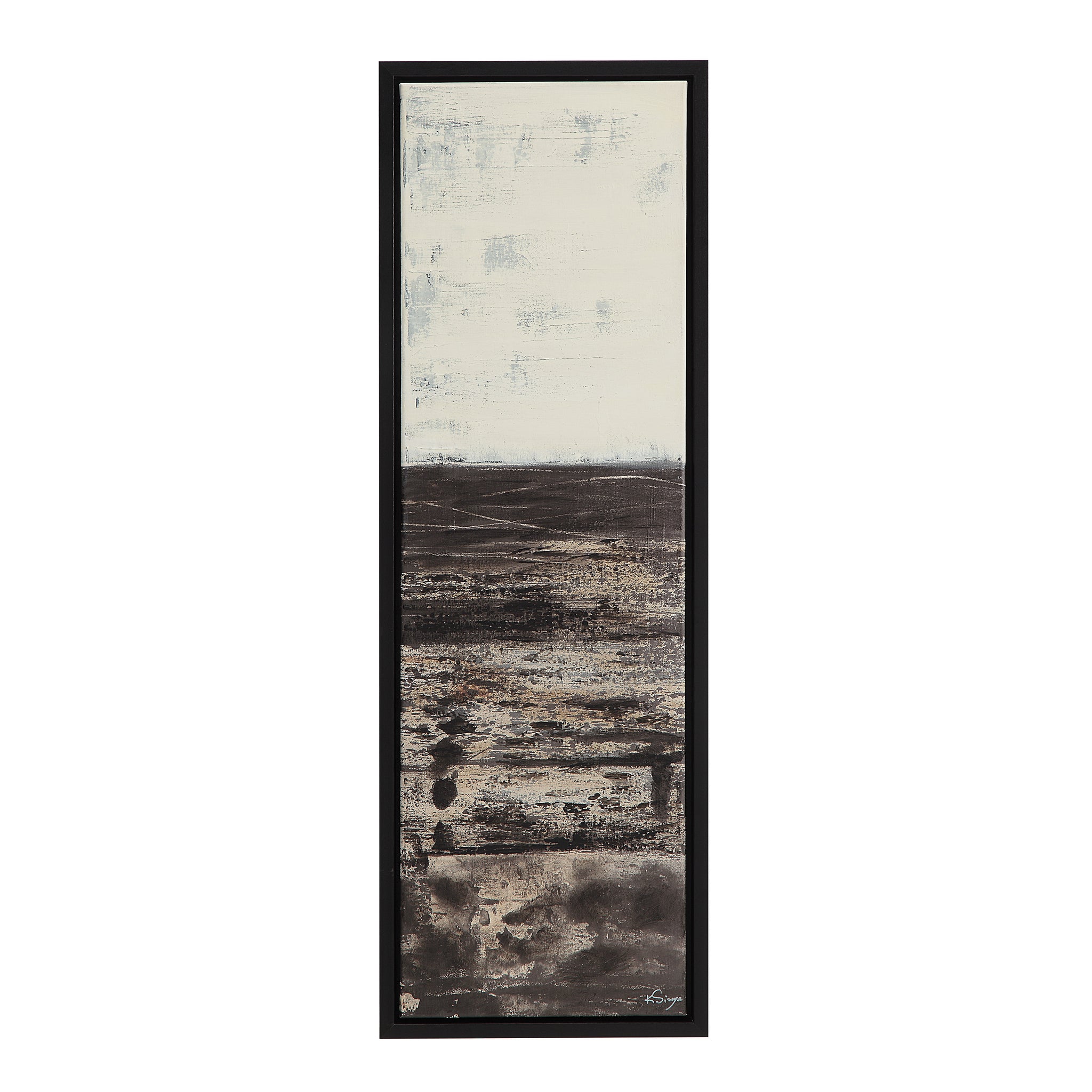 Spica canvas art featuring a layered black and white abstract design, framed in black.