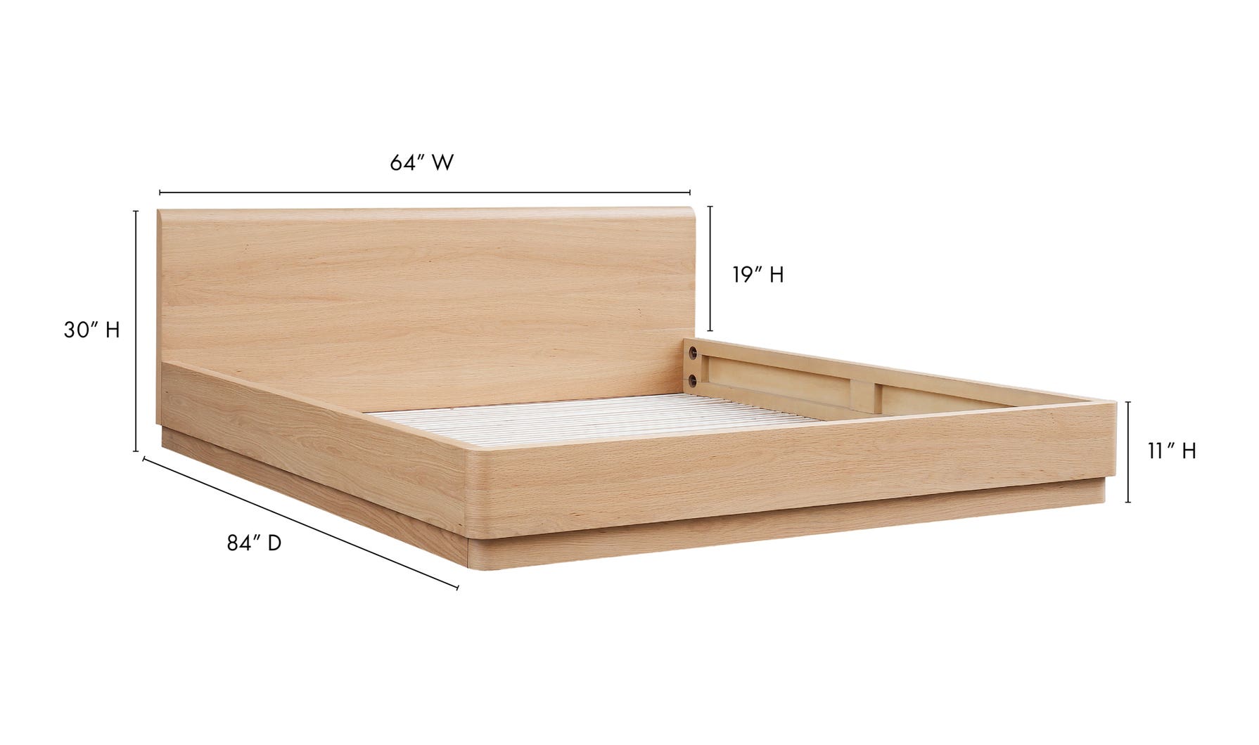 Wooden bed frame with dimensions labeled on a white background