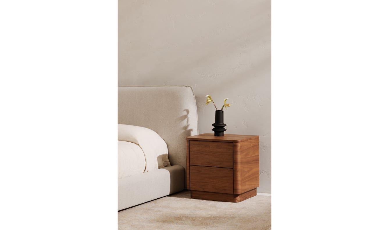 side view of Round Off Tall Nightstand Walnut luxury Nightstand