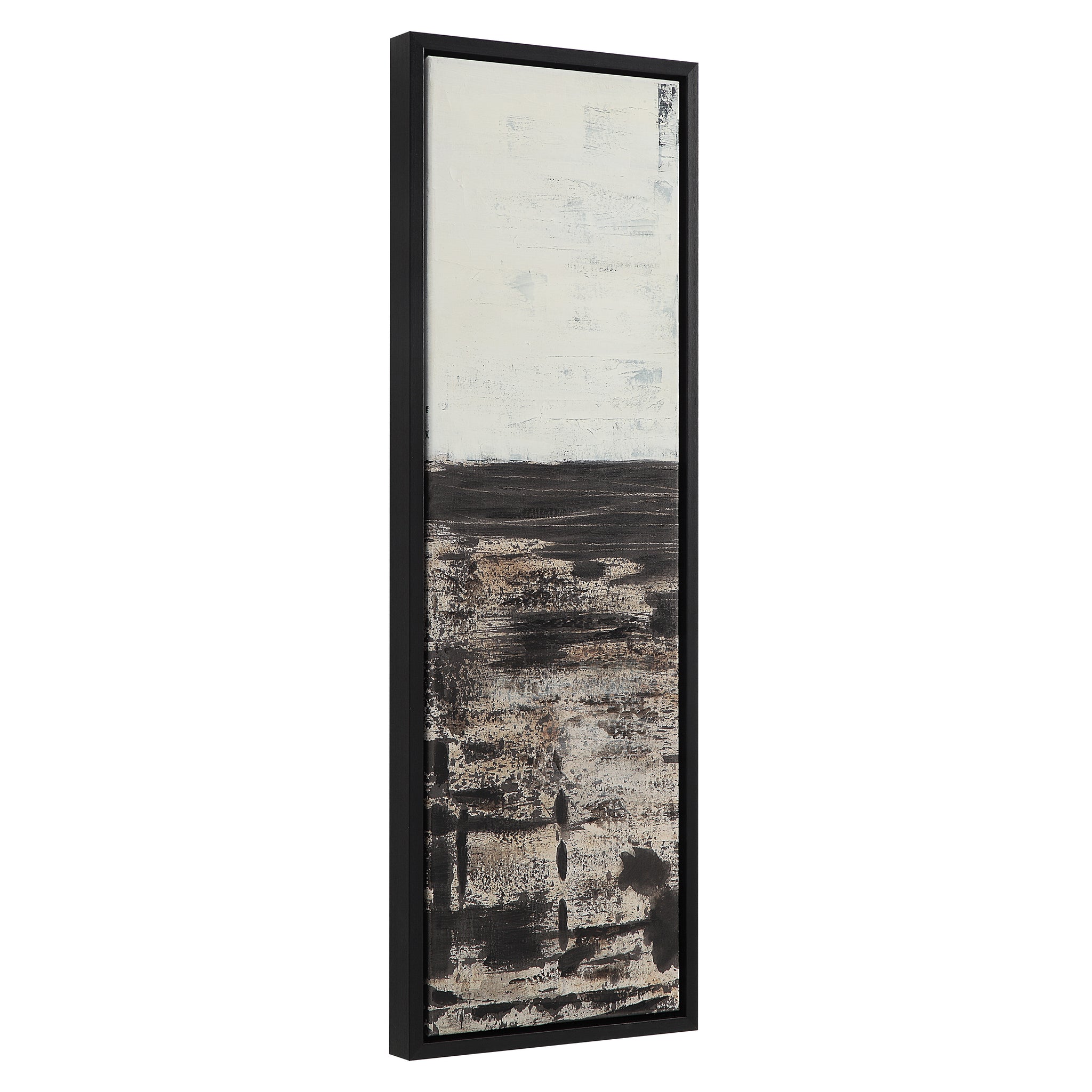 Spica canvas art showing a vertical abstract design in black and white, with a black frame.