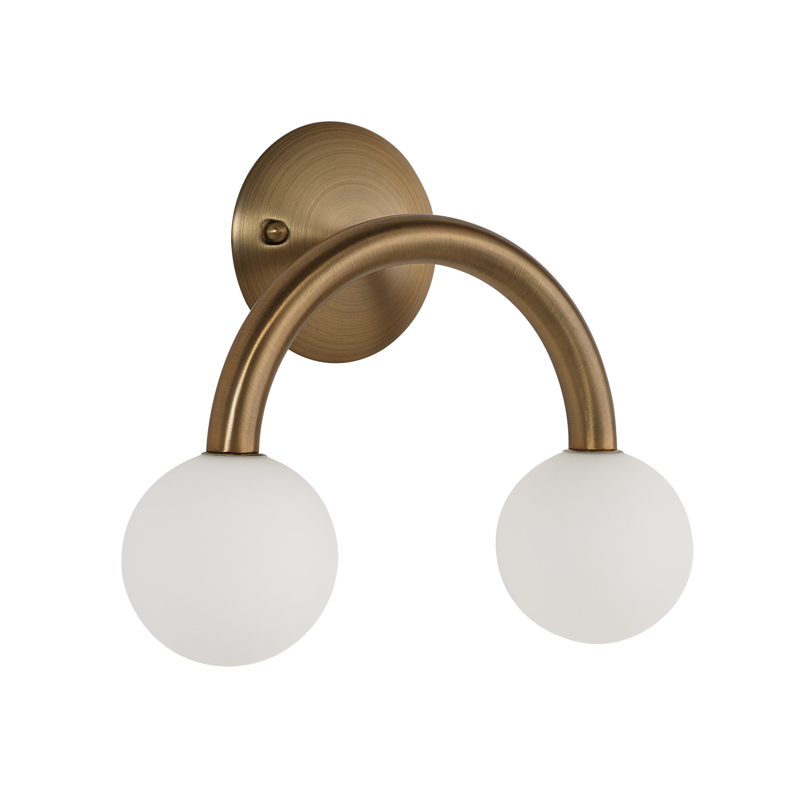 Santi wall sconce with two white globes and a curved bronze arm