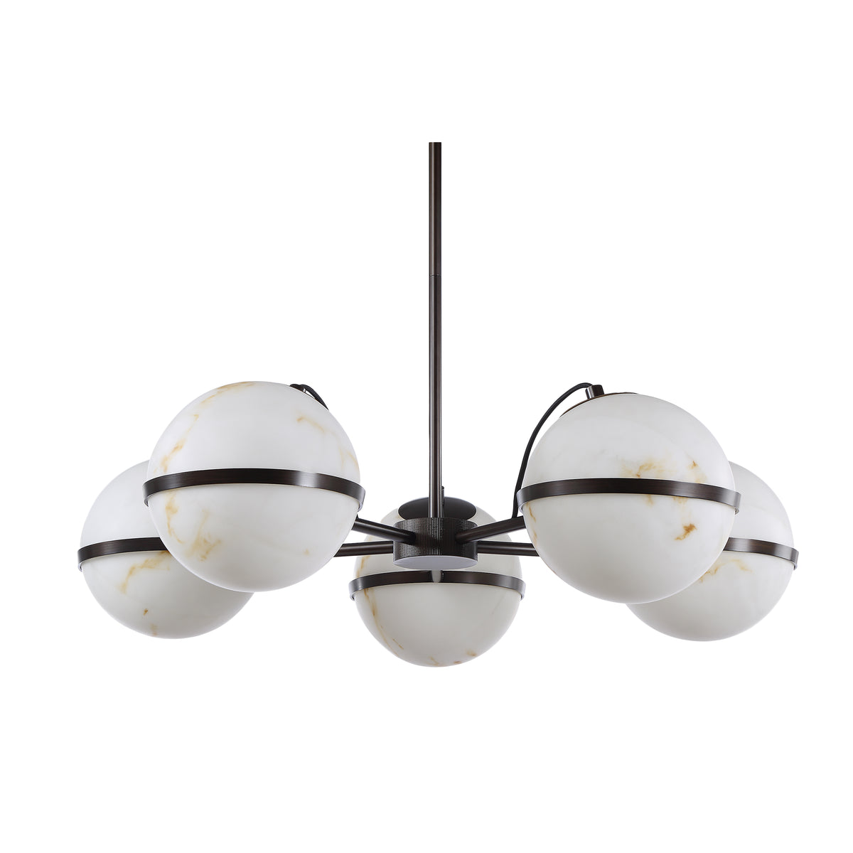 Roca ceiling fixture with five white marble globes and black metal accents, viewed from below.