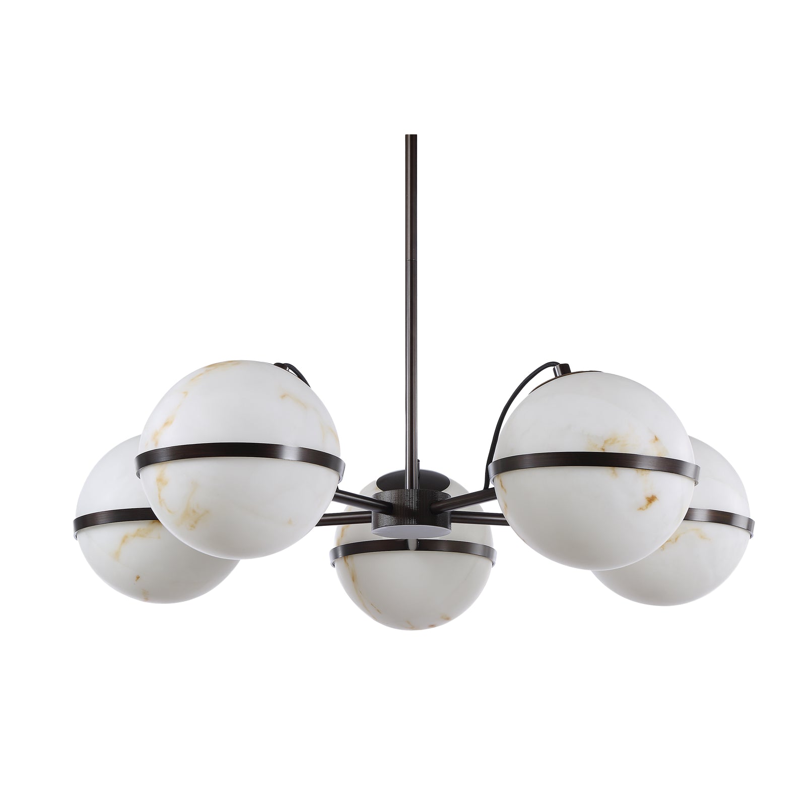 Roca ceiling fixture with five white marble globes and black metal accents, viewed from below.