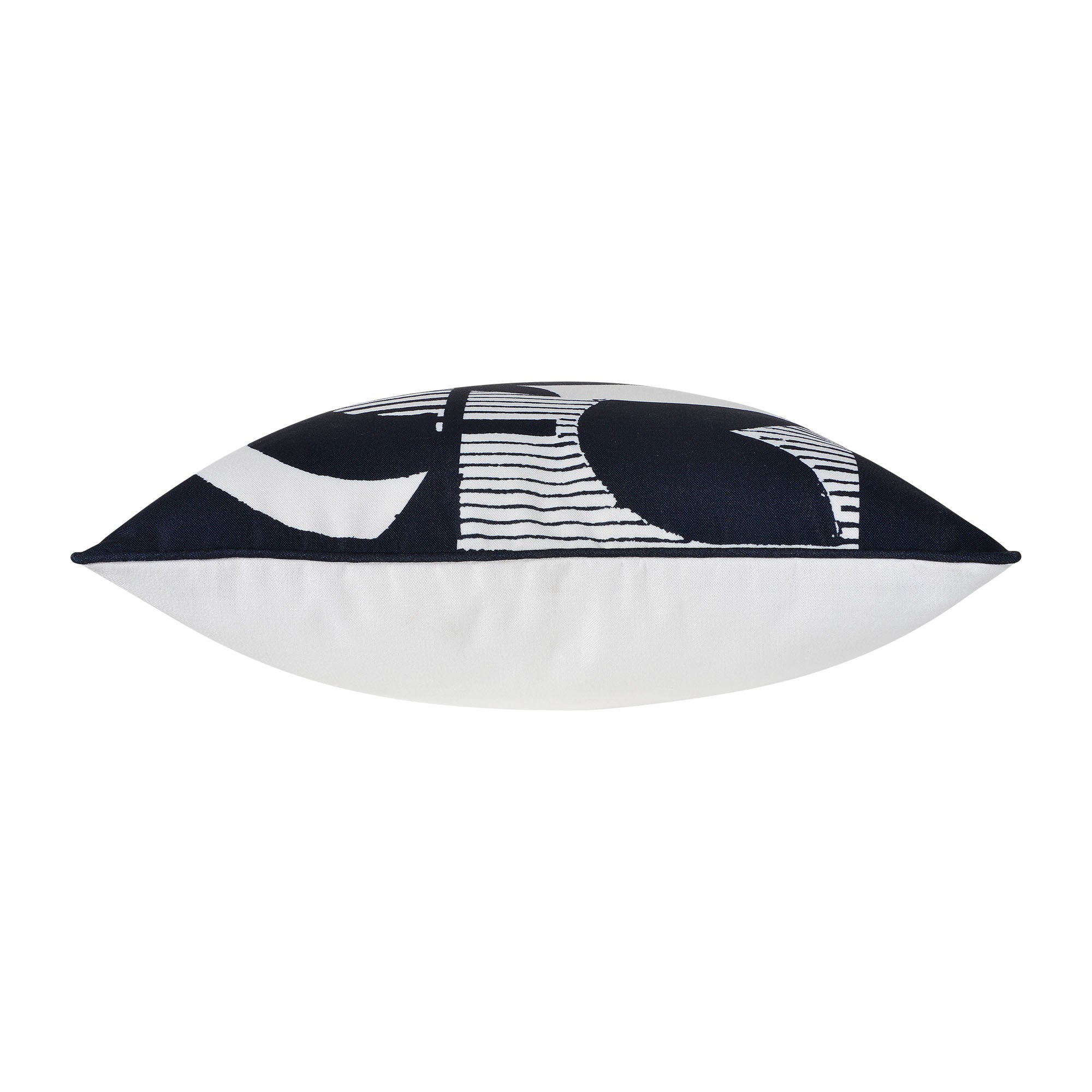 Tropo Indoor Pillow viewed from the side, displaying its navy and white design with a smooth finish.