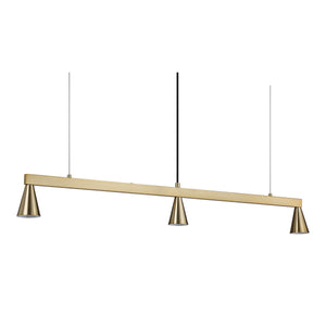 Linea Ceiling Fixture featuring a sleek gold bar with three conical light shades